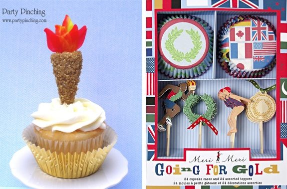 olympic party ideas torch cupcakes & cupcake kit from PartyPinching.com seen on AmysPartyIdeas.com