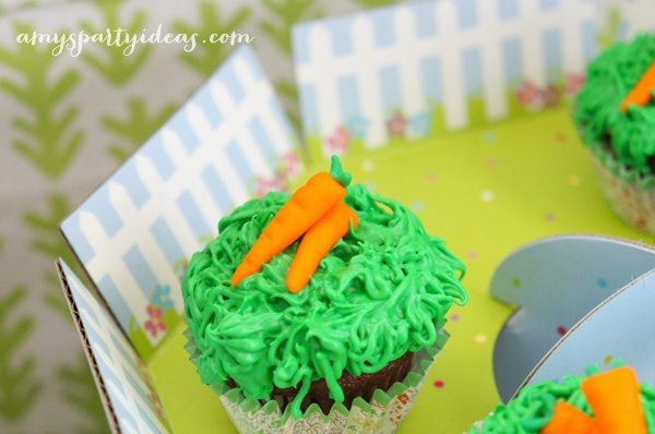 Carrot Fondant Toppers from @LIVCreativity ~ Easter or Bunny Birthday Party Dessert Table Ideas from AmysPartyIdeas.com