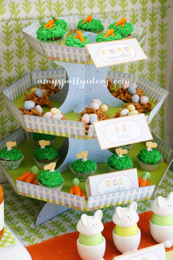 Cupcake Stand ~ Easter or Bunny Birthday Party Dessert Table Ideas from AmysPartyIdeas.com