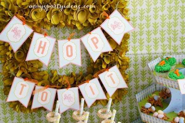 Printable Banner from LuluCole.com ~ Easter or Bunny Birthday Party Dessert Table Ideas from AmysPartyIdeas.com