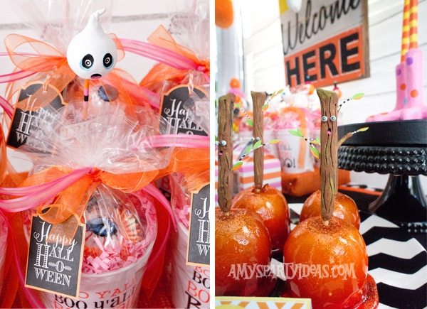 Candy-Corn-Halloween-Party_Favor-Cups_Spooky-Candy-Apples @AmysPartyIdeas #halloween #party #ideas #candycorn