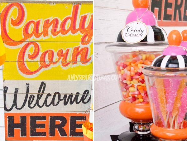 Candy-Corn-Halloween-Party_Wooden-Sign-_Candy-Jar @AmysPartyIdeas #halloween #party #ideas #candycorn