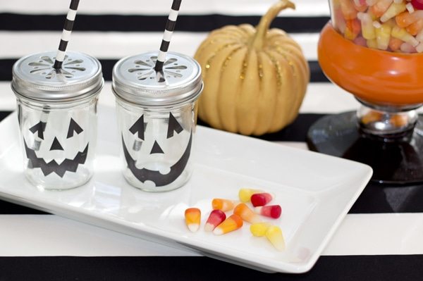 Halloween Party Ideas from AmysPartyIdeas.com | Jack-O-Lantern Mason Jar drinks
