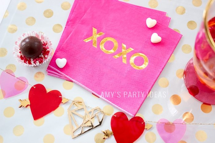 XOXO foil printed valentines napkins | Cupid is Stupid Galentines Girl's Night Valentine's Day Ideas from AmysPartyIdeas.com & #swoozies 