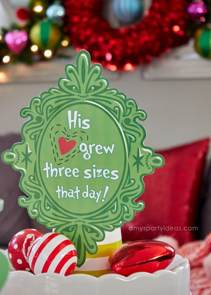 His heart grew three sizes FREE printable sign | Have a Holiday Family Movie Night | SImple party ideas for movie night at home from AmysPartyIdeas.com | #TidingsAndTreats #ad | FREE Printables Grinch Movie