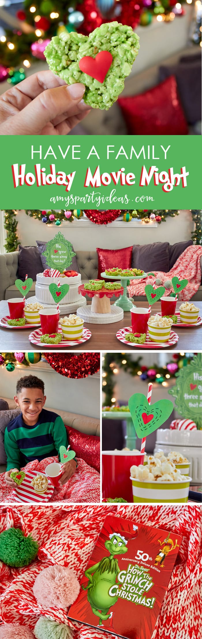 Have a Holiday Family Movie Night | SImple party ideas for movie night at home from AmysPartyIdeas.com | #TidingsAndTreats #ad | FREE Printables Grinch Movie