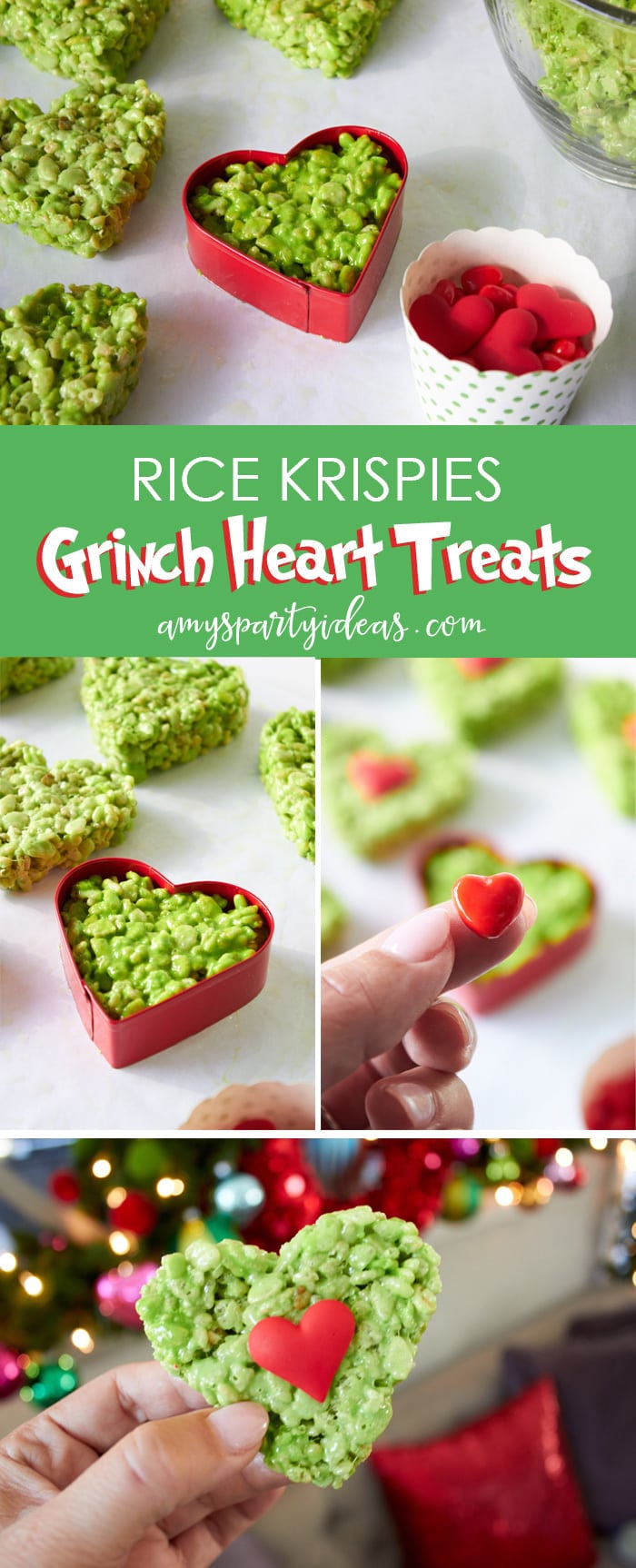 Rice Krispies Grinch Heart Treats |Have a Holiday Family Movie Night | SImple party ideas for movie night at home from AmysPartyIdeas.com | #TidingsAndTreats #ad | FREE Printables Grinch Movie