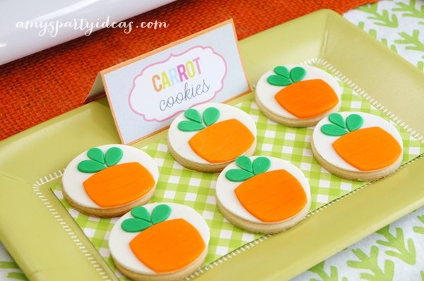 Carrot Fondant Cupcake Toppers from @LIVCreativity ~ Easter or Bunny Birthday Party Dessert Table Ideas from AmysPartyIdeas.com