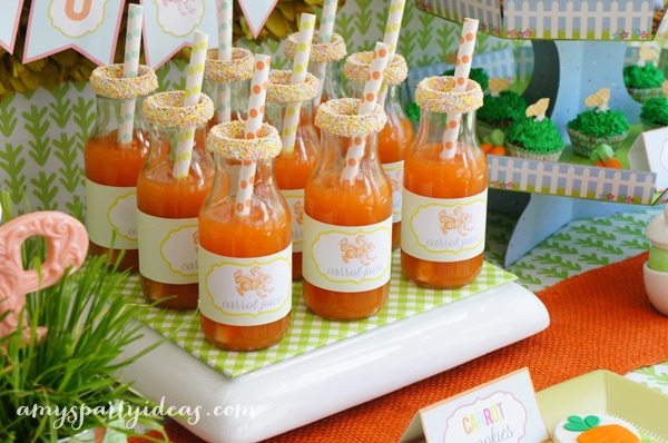 Carrot Juice {It's really Mango Peach Juice!} ~ Easter or Bunny Birthday Party Dessert Table Ideas from AmysPartyIdeas.com