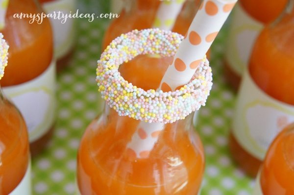Candy Rimmed Glass Bottles ~ Easter or Bunny Birthday Party Dessert Table Ideas from AmysPartyIdeas.com