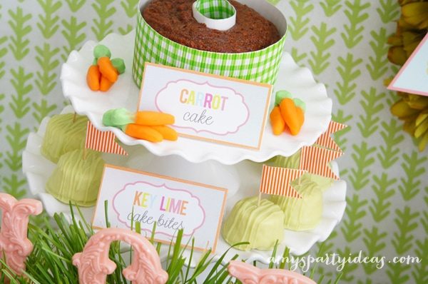 Carrot Cake & Key Lime Cake Bites ~ Easter or Bunny Birthday Party Dessert Table Ideas from AmysPartyIdeas.com
