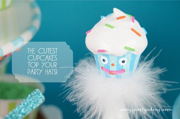 Welcome to Cupcake Town - Cupcake Themed Birthday Party Ideas from AmysPartyIdeas.com featuring #Glitterville party hats