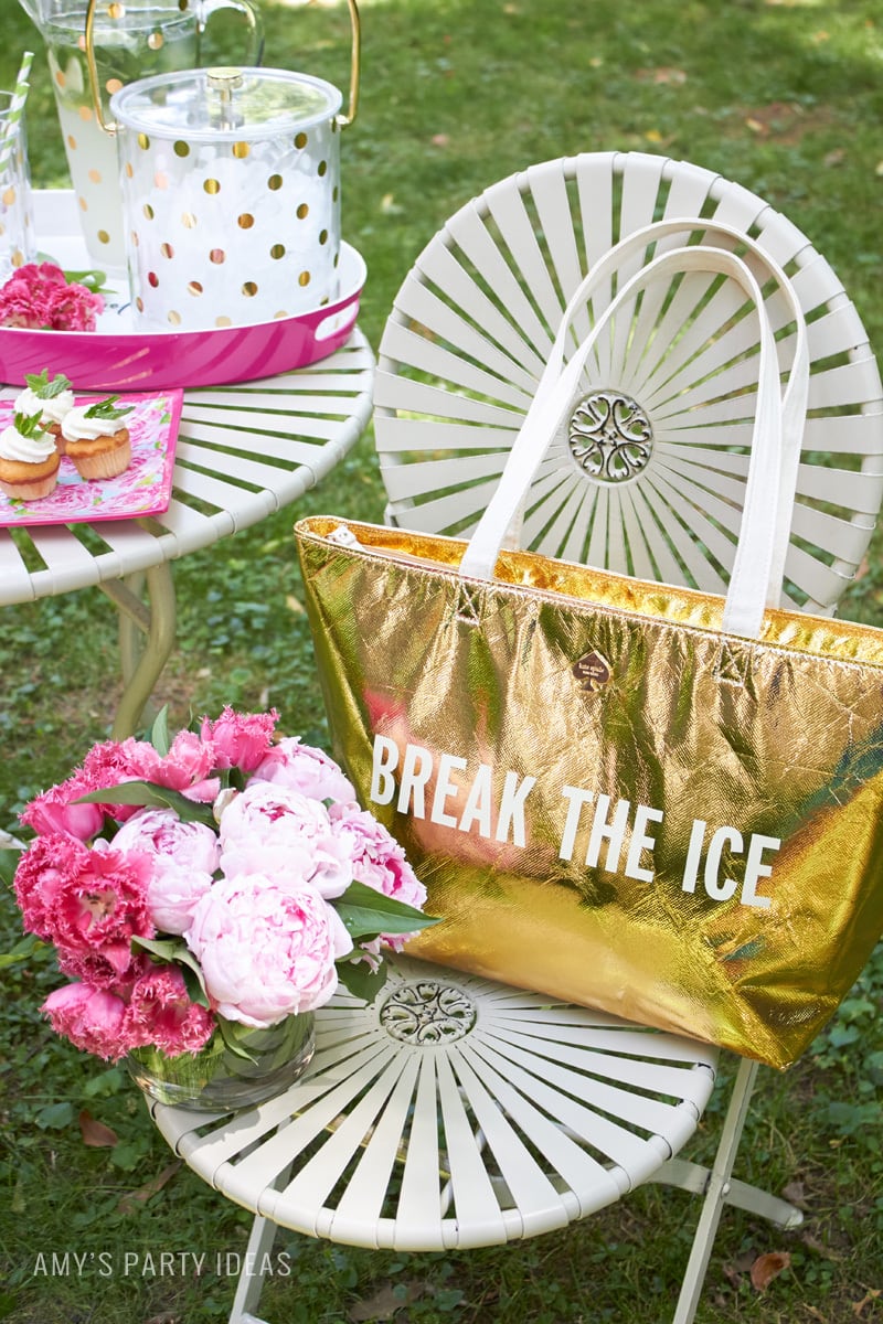 Kate Spade Gold Break the Ice Bag | Tips for hosting a Glam Garden party | #swoozies | #katespade | AmysPartyIdeas.com | Amy's Party Ideas