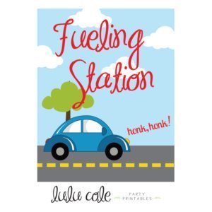 Printable Transportation Party Sign Car Fueling Station | Printable party supplies from LuluCole.com exclusively for AmysPartyIdeas.com
