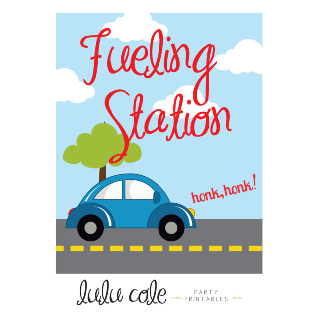 Printable Transportation Party Sign Car Fueling Station | Printable party supplies from LuluCole.com exclusively for AmysPartyIdeas.com