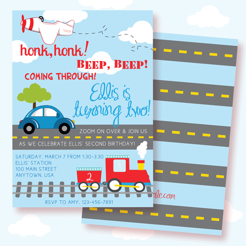 Printable Transportation Party Invitations | Printable party supplies from LuluCole.com exclusively for AmysPartyIdeas.com
