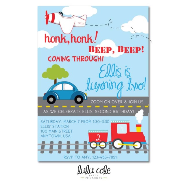 Printable Transportation Party Invitations | Printable party supplies from LuluCole.com exclusively for AmysPartyIdeas.com