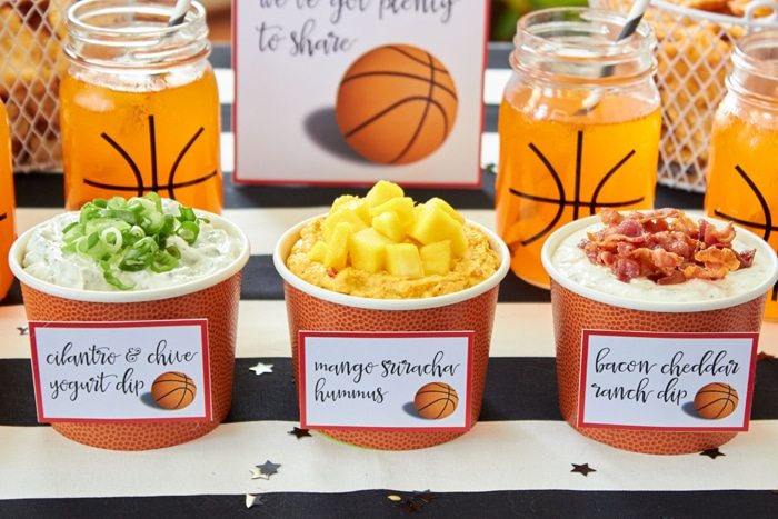 Basketball Madness Watch Party Ideas | Easy Snacks for your basketball party | FREE PRINTABLES | DIY basketball ideas | Basketball net serving bowls & basketball mason jars | As seen on AmysPartyIdeas.com | RITZ Crisp & Thins 