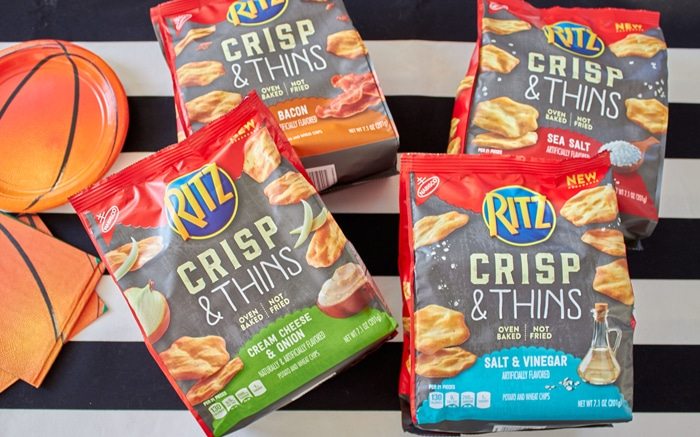 Basketball Madness Watch Party Ideas | Easy Snacks for your basketball party | DIY basketball ideas | Basketball net serving bowls & basketball mason jars | As seen on AmysPartyIdeas.com | RITZ Crisp & Thins 
