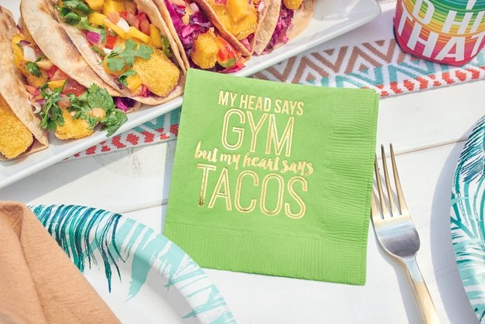 My head says GYM but my heart says TACOS napkins | Cactus Fiesta Party Ideas | Cinco de Mayo party ideas | Mexican party or wedding | Outdoor Entertaining | As seen on AmysPartyIdeas.com and Swoozies.com