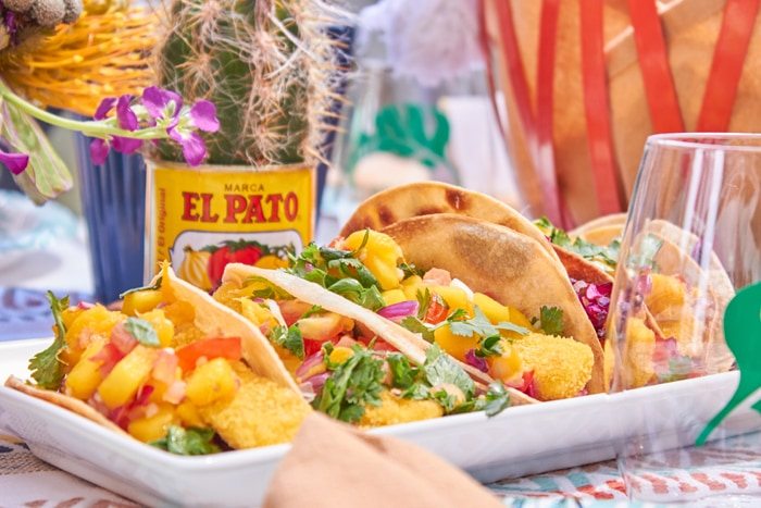 Fish Tacos with Mango Salsa | Cactus Fiesta Party Ideas | Cinco de Mayo party ideas | Mexican party or wedding | Outdoor Entertaining | As seen on AmysPartyIdeas.com and Swoozies.com