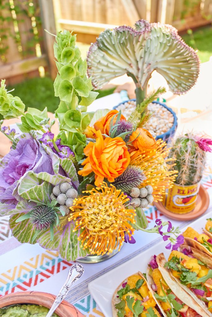 Desert Floral Arrangment | Cactus Fiesta Party Ideas | Cinco de Mayo party ideas | Mexican party or wedding | Outdoor Entertaining | As seen on AmysPartyIdeas.com and Swoozies.com