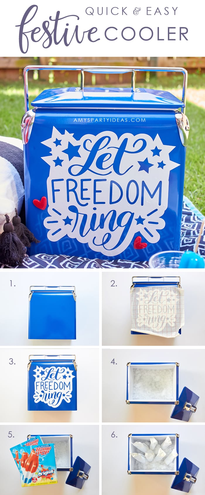 DIY Festive Fourth of July Cooler Tutorial | Last minute Fourth of July Party & Entertaining Ideas | The Original Bomb Pop® | from AmysPartyIdeas.com | Free Printables | Instant Download Party Supplies | #SoHoppinGood #BlueBunny #BombPop #ad