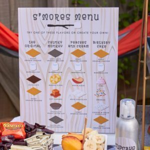 Printable S'mores Bar Menu Sign | DIY Portable S'mores (Indoor S'mores) | ENO Hammock Party Ideas from AmysPartyIdeas.com | Birthday Party Ideas for Tweens, Teens | Hang Out Party Ideas | Camping party ideas, portable s'mores, bug juice, s'mores menu, printable party supplies