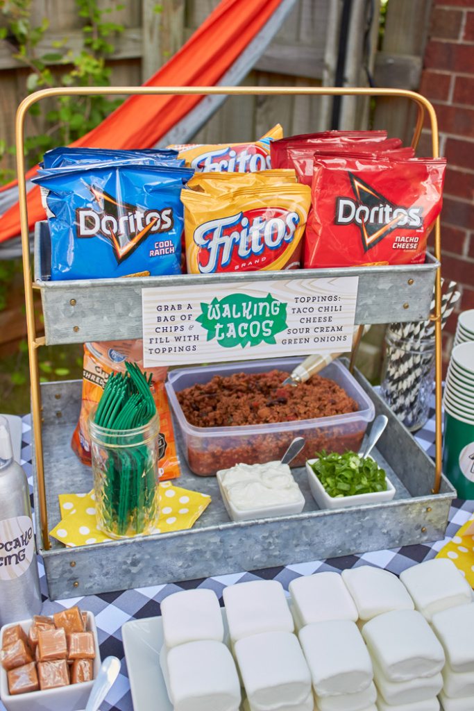 Walking Tacos party food | ENO Hammock Party Ideas from AmysPartyIdeas.com | Birthday Party Ideas for Tweens, Teens | Hang Out Party Ideas | Camping party ideas, portable s'mores, bug juice, s'mores menu, printable party supplies