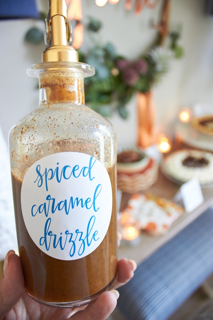 Pie Bar with recipes for Pumpkin Spiced Pecans and Spiced Caramel Drizzle and FREE PRINTABLE LABELS | Host Friendsgiving Dinner this year! | Easy tips for hosting from AmysPartyIdeas.com | #TurkeyDayTips #ComfortFood "Msg 4 21+" #ad