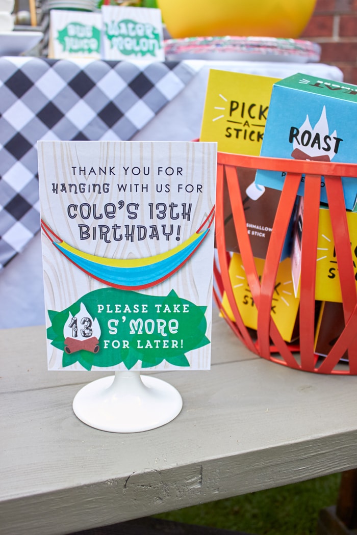 Printable Party Favor Sign for ENO Hammock party | ENO Hammock Party Ideas from AmysPartyIdeas.com | Birthday Party Ideas for Tweens, Teens | Hang Out Party Ideas | Camping party ideas, portable s'mores, bug juice, s'mores menu, printable party supplies