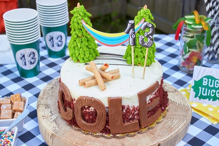 DIY Camping themed birthday cake & printable cake topper | ENO Hammock Party Ideas from AmysPartyIdeas.com | Birthday Party Ideas for Tweens, Teens | Hang Out Party Ideas | Camping party ideas, portable s'mores, bug juice, s'mores menu, printable party supplies