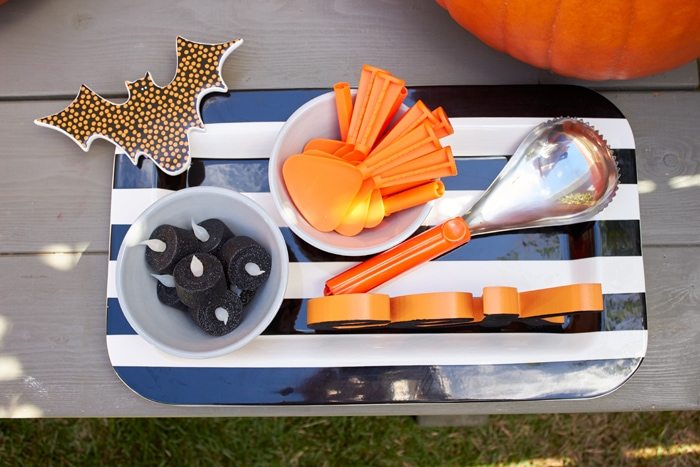 Halloween Pumpkin Carving Dinner Party with Coton Colors as seen on AmysPartyIdeas.com | Trick or Treat pasta bowls | Halloween Dinner Party Ideas | Pumpkin Carving Party Ideas 