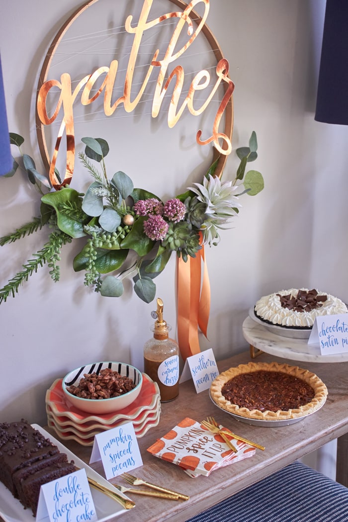 Pie Bar with recipes for Pumpkin Spiced Pecans and Spiced Caramel Drizzle and FREE PRINTABLE LABELS | Host Friendsgiving Dinner this year! | Easy tips for hosting from AmysPartyIdeas.com | #TurkeyDayTips #ComfortFood "Msg 4 21+" #ad