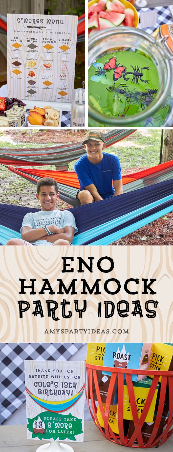 ENO Hammock Party Ideas from AmysPartyIdeas.com | Birthday Party Ideas for Tweens, Teens | Hang Out Party Ideas | Camping party ideas, portable s'mores, bug juice, s'mores menu, printable party supplies