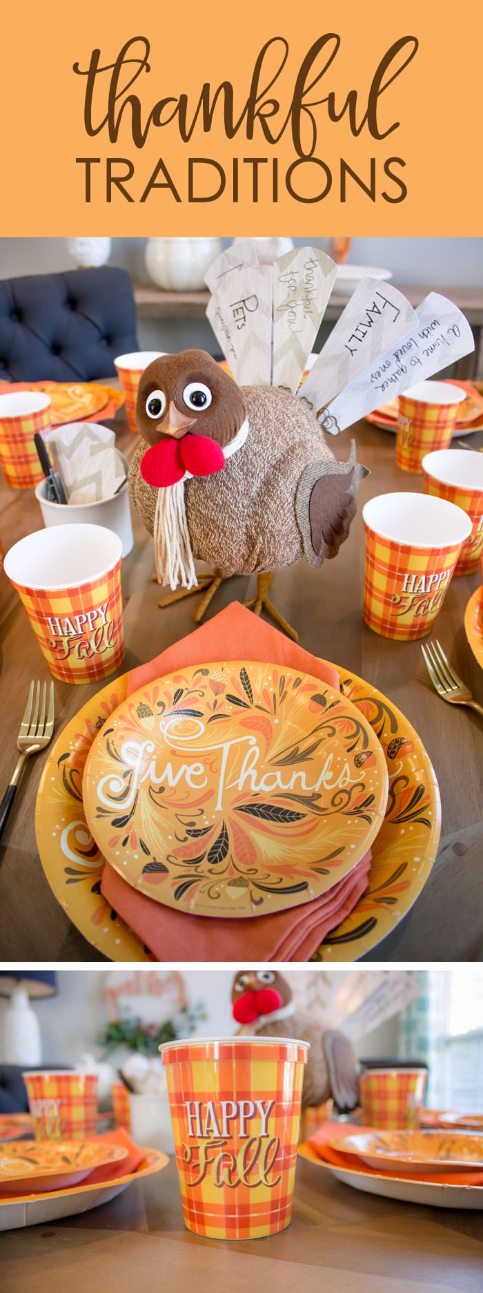 Start a new thankful tradition | Thanksgiving Dinner Table Ideas | Turkey on the Table | Swoozies.com | AmysPartyIdeas.com | Kids Table Thanksgiving Ideas