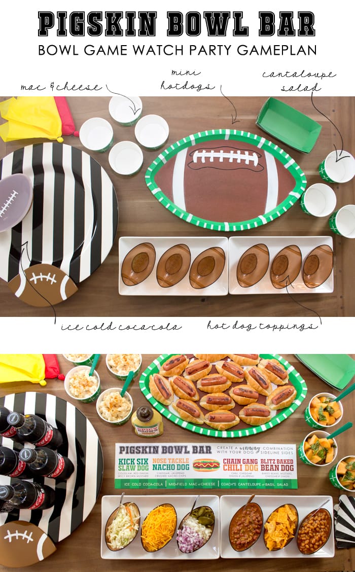 Pigskin Bowl Bar as seen on AmysPartyIdeas.com | Bowl Game Watch Party Ideas + Hotdog Bar | #ServeWithACoke #BowlGames #ad