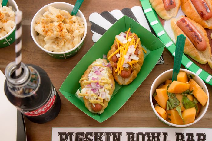 Pigskin Bowl Bar as seen on AmysPartyIdeas.com | Bowl Game Watch Party Ideas + Hotdog Bar | #ServeWithACoke #BowlGames #ad