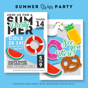 Teen Birthday Party Ideas | Printable Invites | Swim Pool Party | Unicrom Float, Watermelon Float, Donut Float, Pineapple Float | Float and Swim Party | Lulu Cole for Amy's Party Ideas | LuluCole.com | AmysPartyIdeas.com