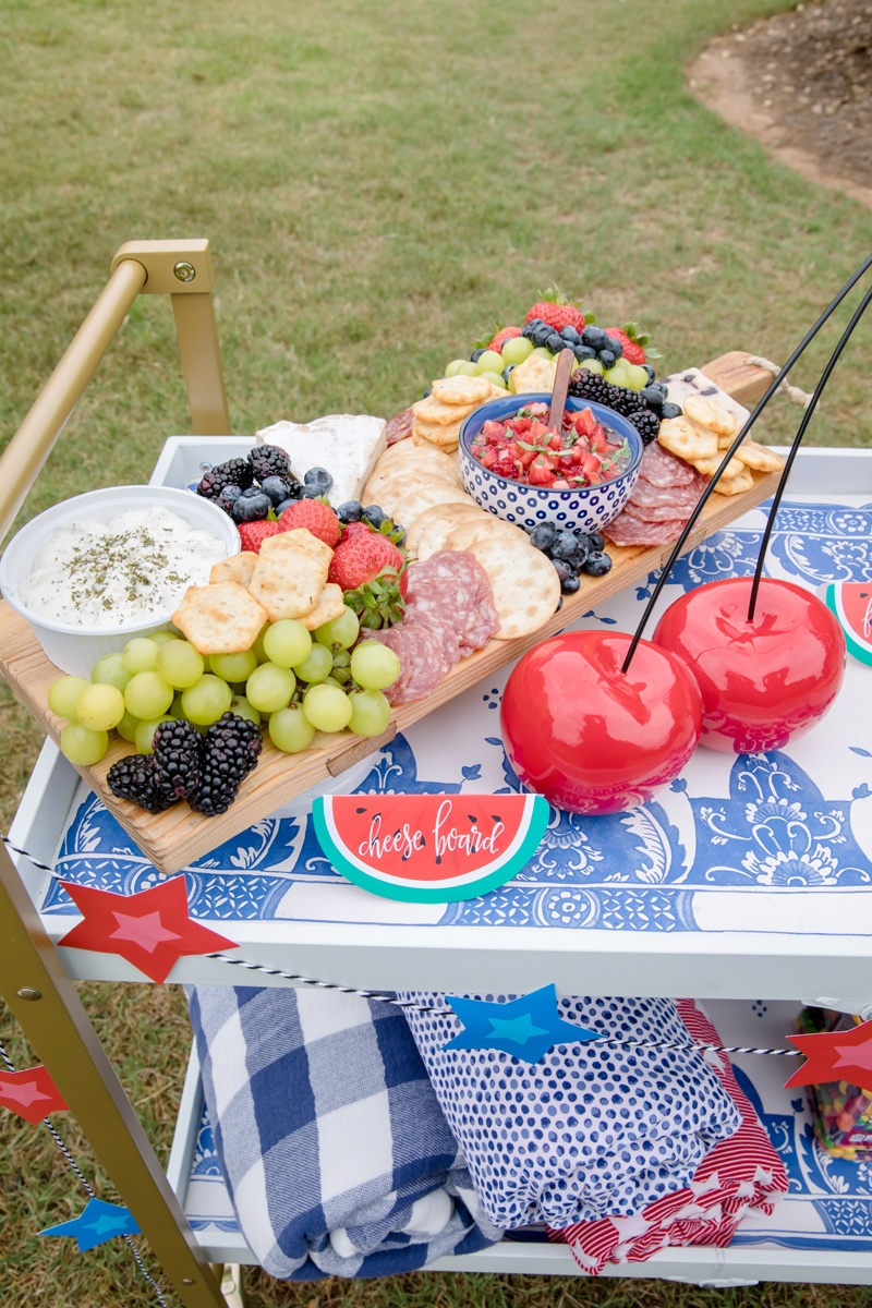 Cheeseboard | Celebrate Summer Nights | Easy Bar Cart Ideas for Fourth of July, Memorial Day, Labor Day and Summer Nights | Party Ideas friom AmysPartyIdeas.com | #CelebrateSummerSweetness #Ad