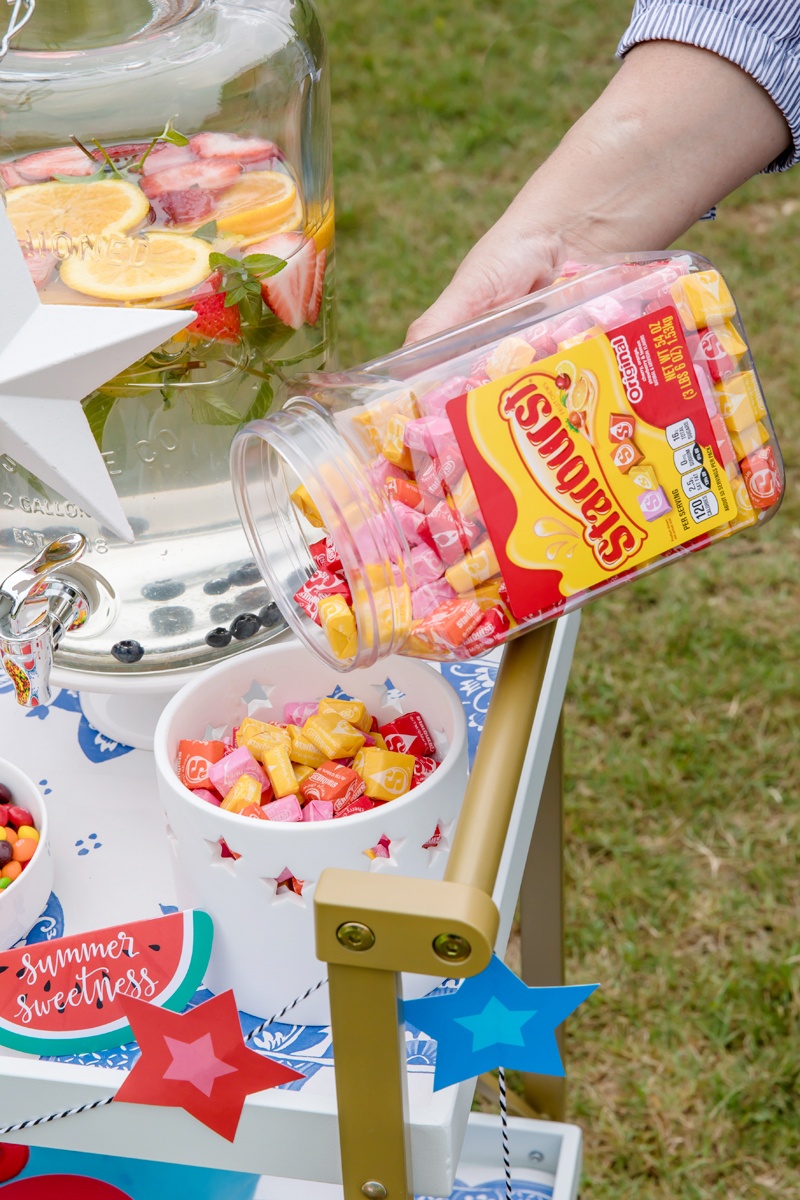 SKITTLES® Pantry Jar + STARBURST® Pantry Jar | Celebrate Summer Nights | Easy Bar Cart Ideas for Fourth of July, Memorial Day, Labor Day and Summer Nights | Party Ideas from AmysPartyIdeas.com | #CelebrateSummerSweetness #Ad