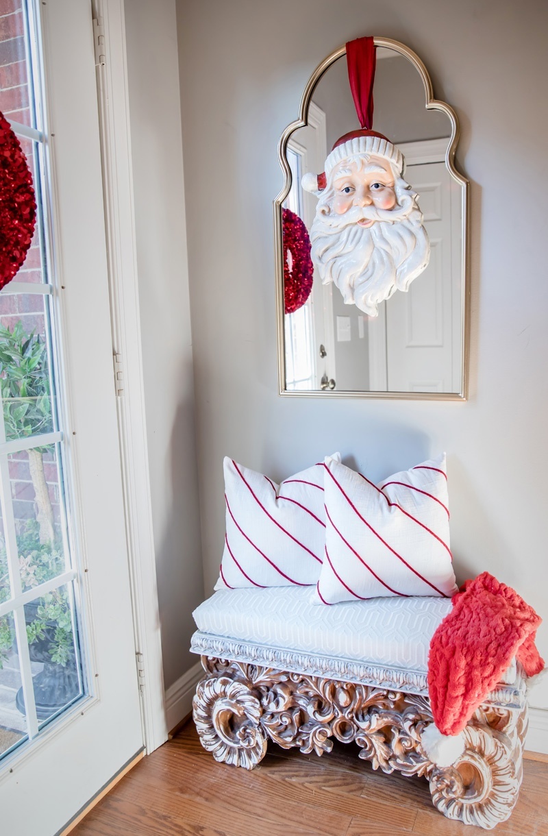 Santa & Candy Cane Stripe Pillows | Deck the Halls | Christmas 2019 Home Tour | Amy's Party Ideas and Wayfair